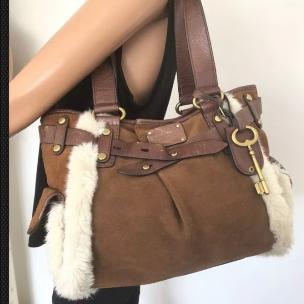 🔑 FOSSIL ADRINA TAN, SADDLE BROWN GENUINE LEATHER+FAUX FUR LARGE TOTE HAND BAG